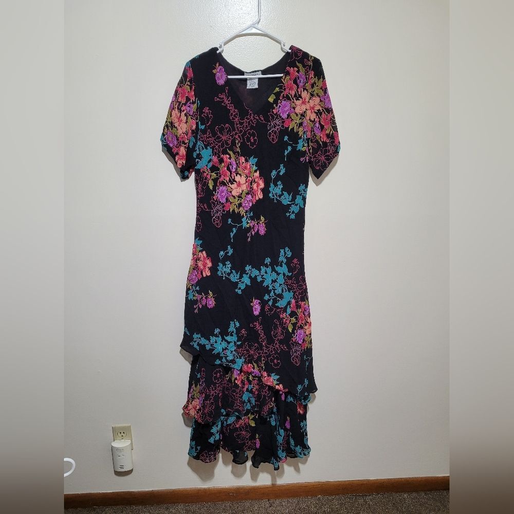 Vintage Jessica London Pink and Orange Tiered Ruffled Sheath Dress